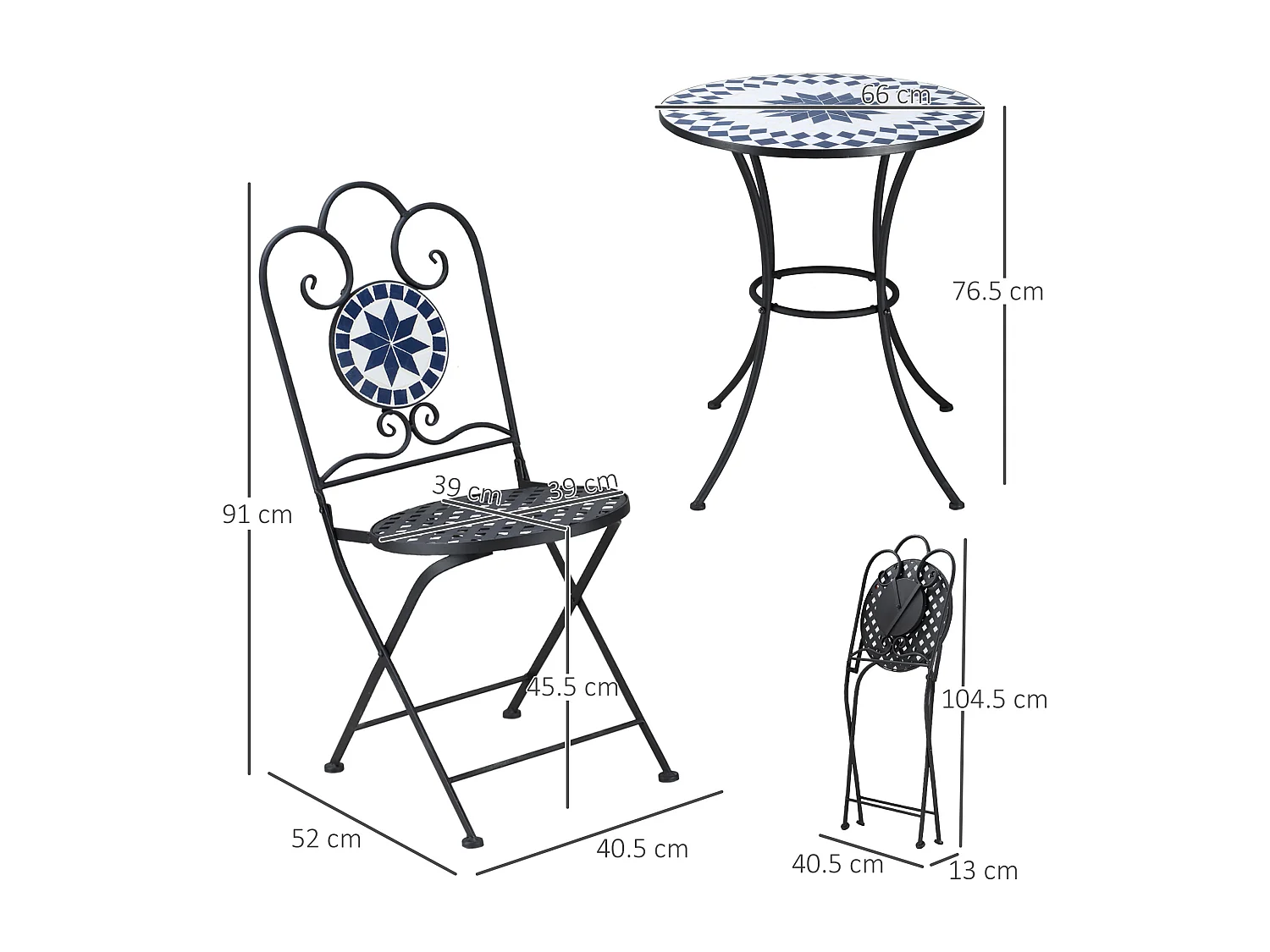 EasyComfort Set da Giardino 3 Pezzi con 2 Sedie Pieghevoli e 1 Tavolino Rotondo a Mosaico