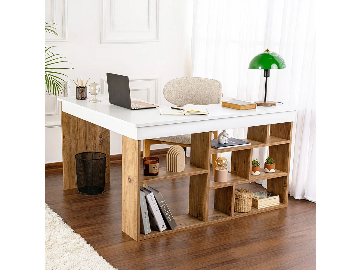 Bureau d'angle blanc, piètement et rangements effet bois 120x130 cm - Elyra