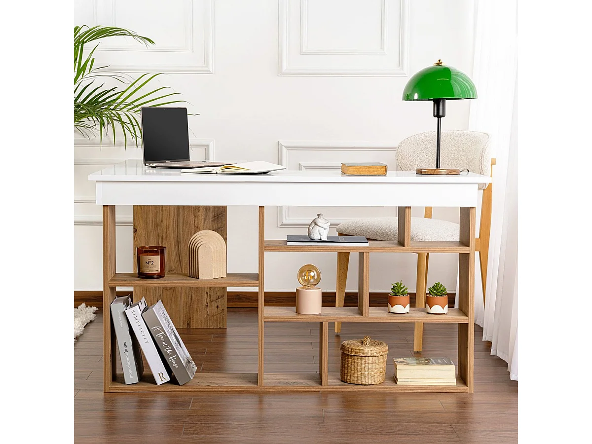 Bureau d'angle blanc, piètement et rangements effet bois 120x130 cm - Elyra