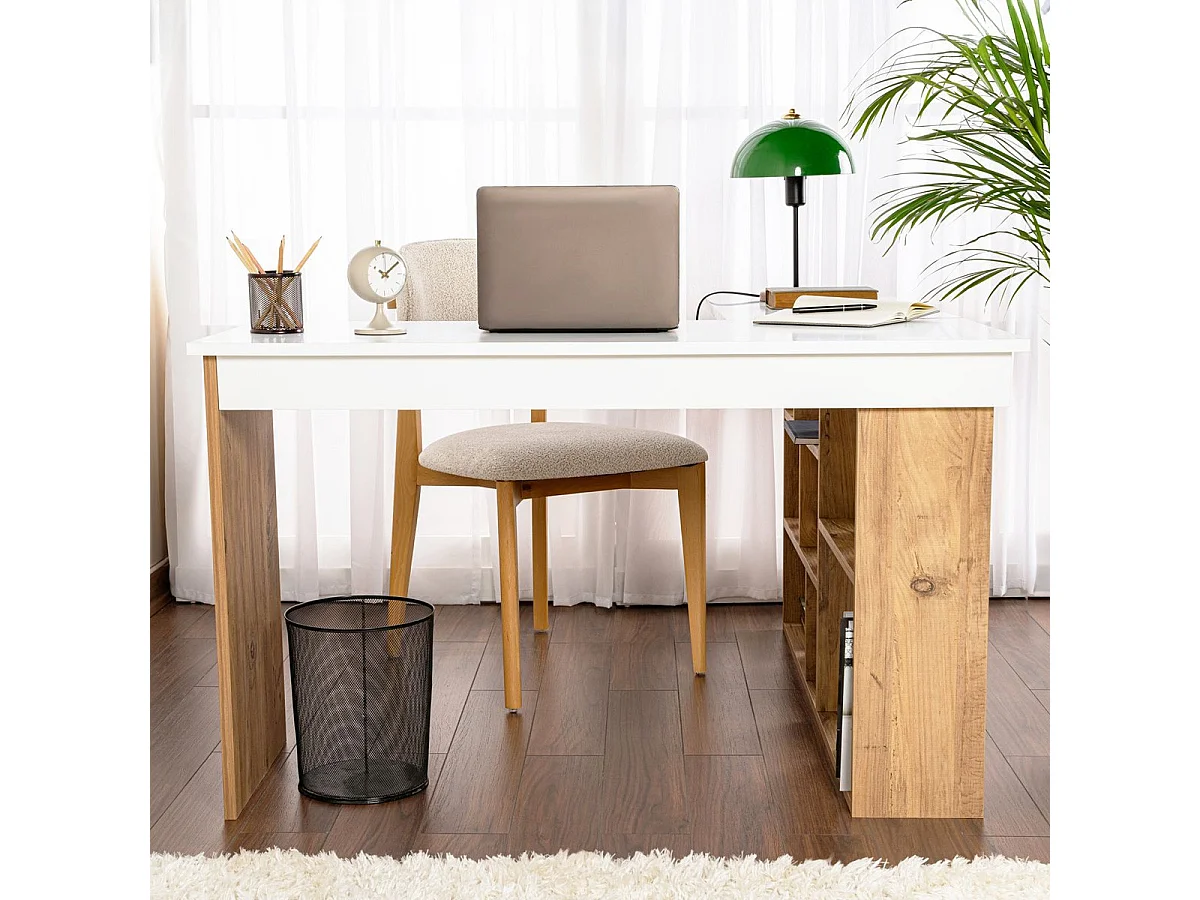 Bureau d'angle blanc, piètement et rangements effet bois 120x130 cm - Elyra