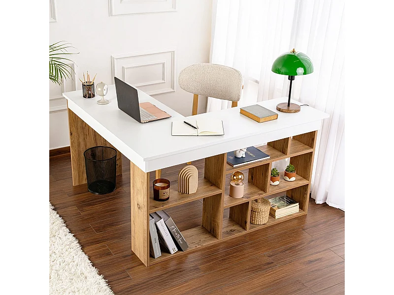 Bureau d'angle blanc, piètement et rangements effet bois 120x130 cm - Elyra