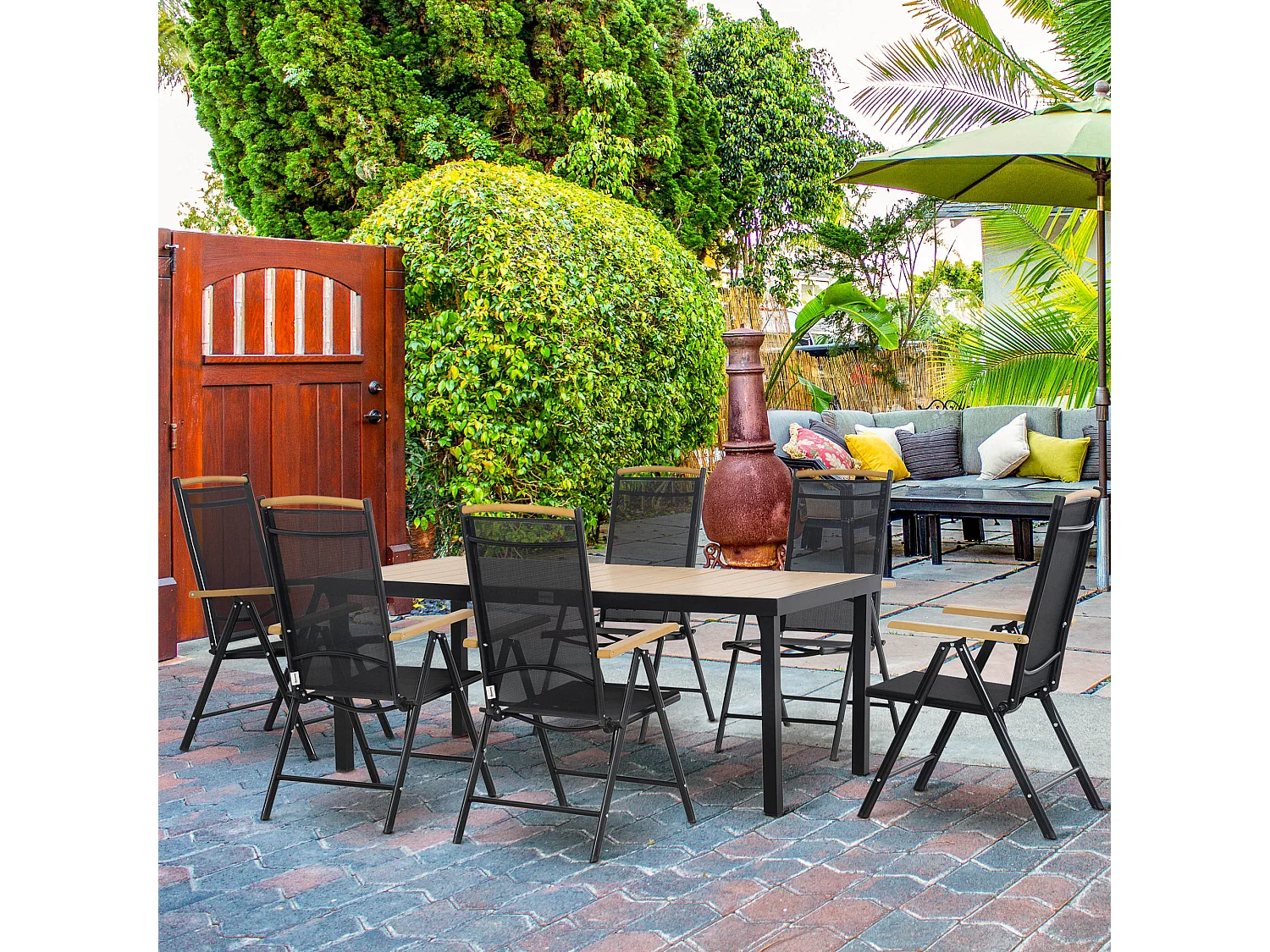 Easycomfort Set 7Pz Tavolo con Sedie da Giardino Pieghevoli e Regolabili in Texteline, Nero