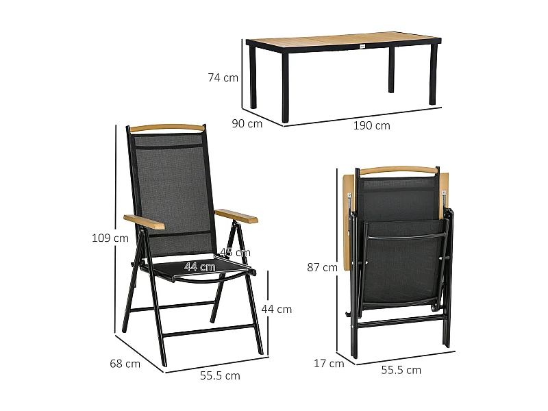 Easycomfort Set 7Pz Tavolo con Sedie da Giardino Pieghevoli e Regolabili in Texteline, Nero