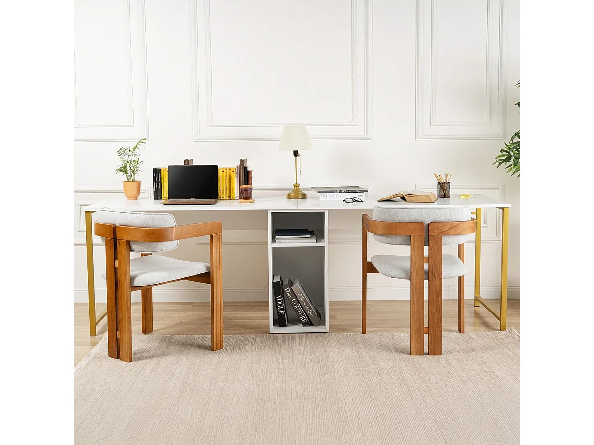 Bureau double avec rangement central blanc, piètement doré 240 cm - Orsa