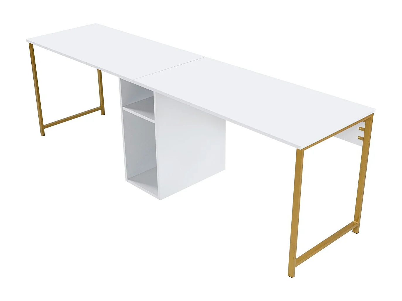 Bureau double avec rangement central blanc, piètement doré 240 cm - Orsa