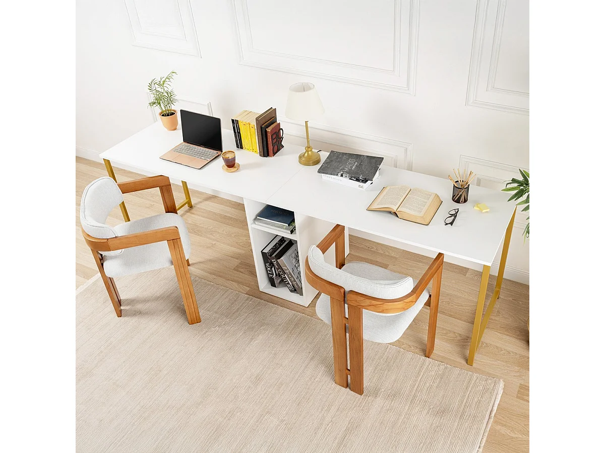 Bureau double avec rangement central blanc, piètement doré 240 cm - Orsa