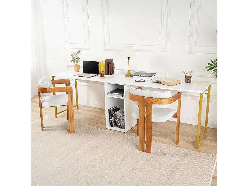 Bureau double avec rangement central blanc, piètement doré 240 cm - Orsa