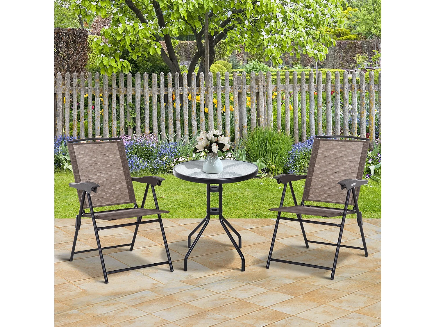 EasyComfort Tavolino con 2 Sedie Set Mobili 3pz Pieghevole Regolabile Esterno Textilene Marrone