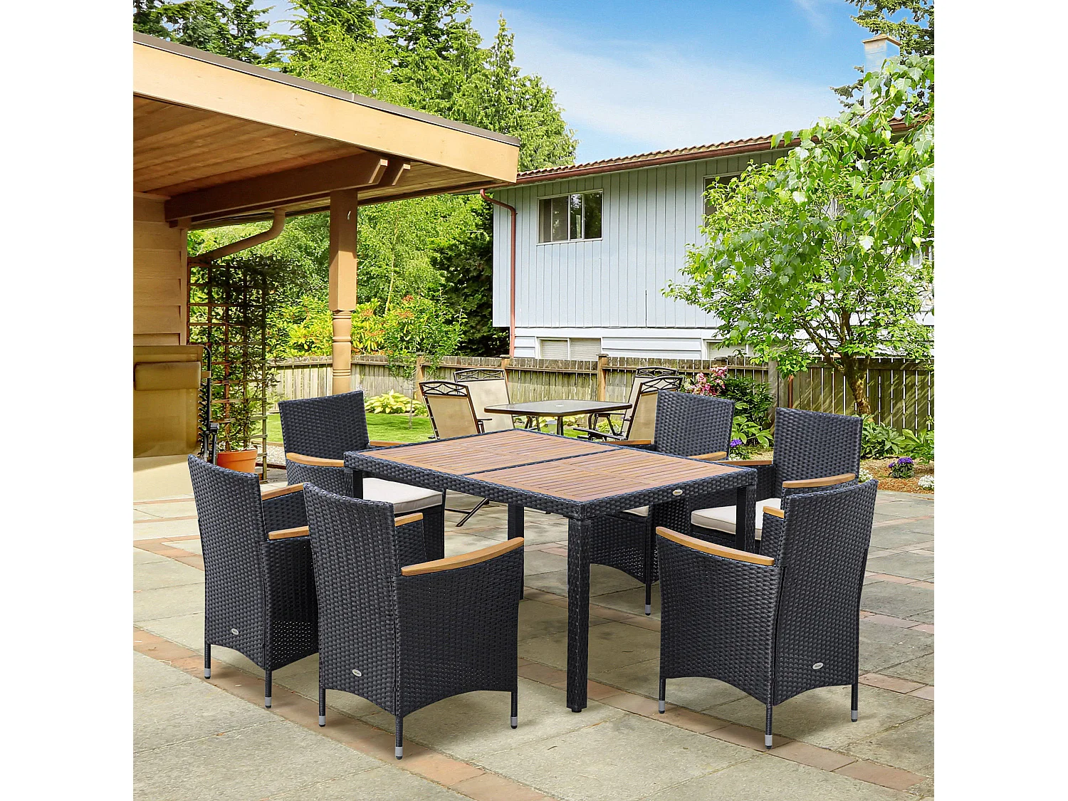 EasyComfort Set Tavolo e Sedie da Giardino 7 Pezzi in PE Rattan e Legno con Cuscini Morbidi, Nero