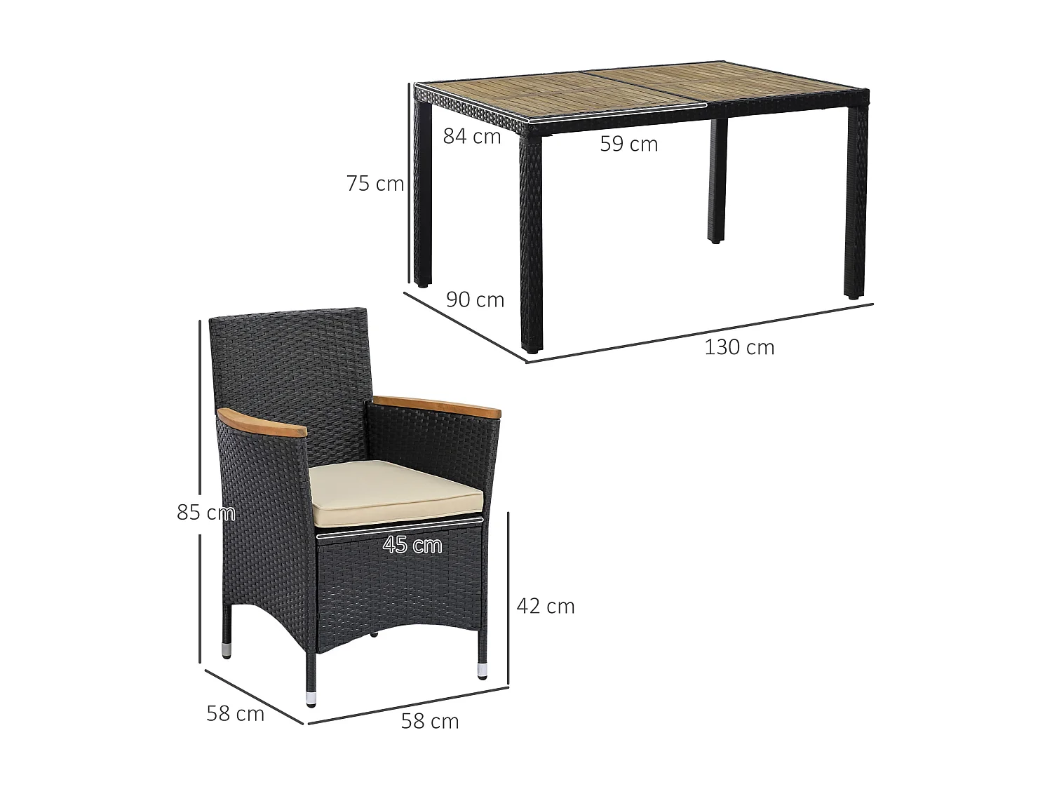 EasyComfort Set Tavolo e Sedie da Giardino 7 Pezzi in PE Rattan e Legno con Cuscini Morbidi, Nero