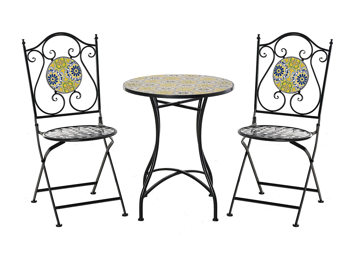 EasyComfort Set Tavolo e Sedie da Balcone 3 Pezzi, Set da Giardino Pieghevoli in Metallo con Maioliche Colorate, Multicolore