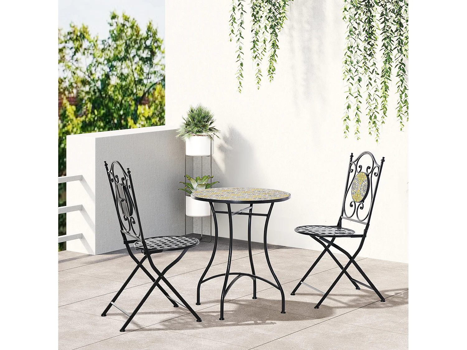 EasyComfort Set Tavolo e Sedie da Balcone 3 Pezzi, Set da Giardino Pieghevoli in Metallo con Maioliche Colorate, Multicolore