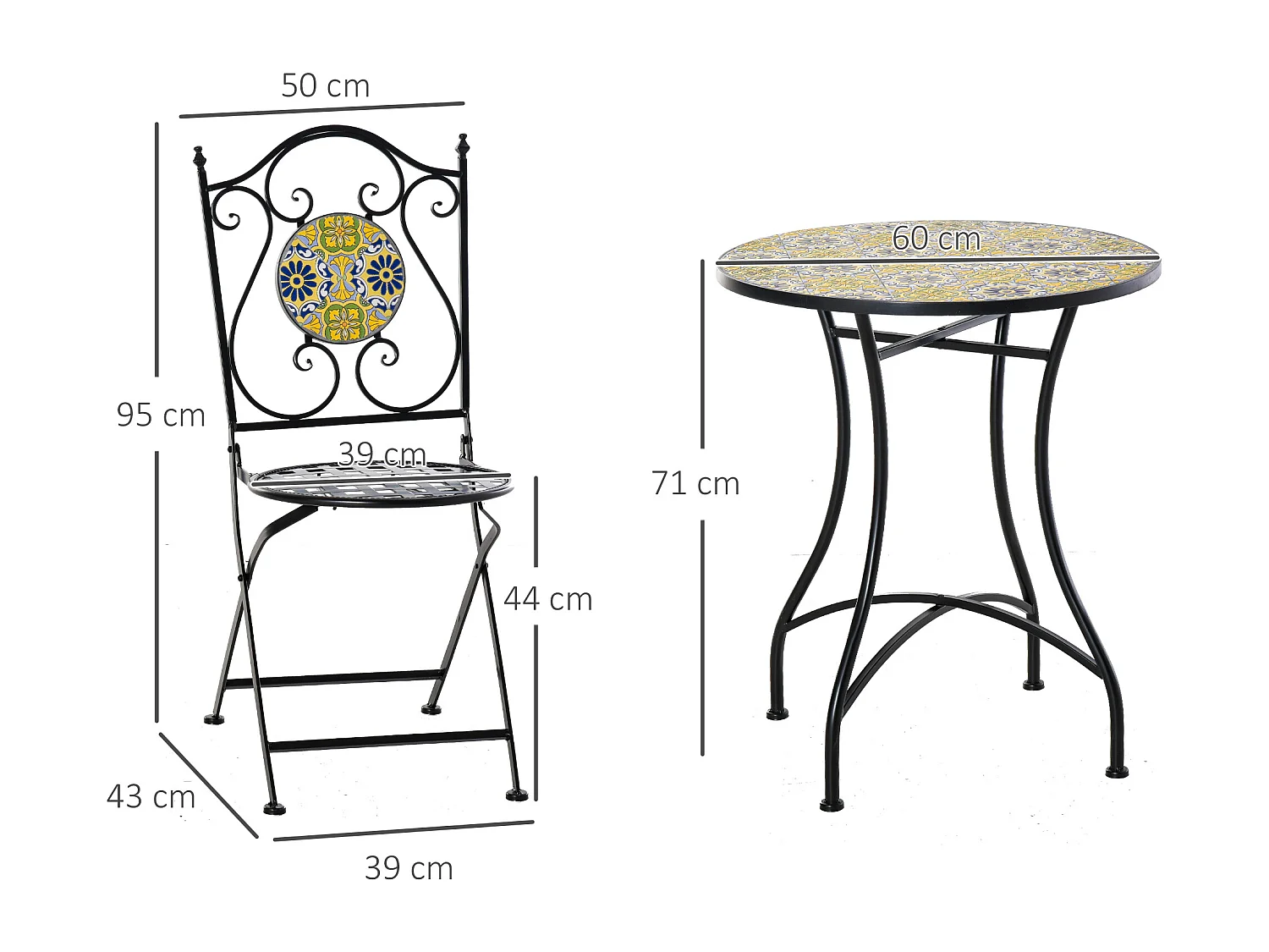 EasyComfort Set Tavolo e Sedie da Balcone 3 Pezzi, Set da Giardino Pieghevoli in Metallo con Maioliche Colorate, Multicolore