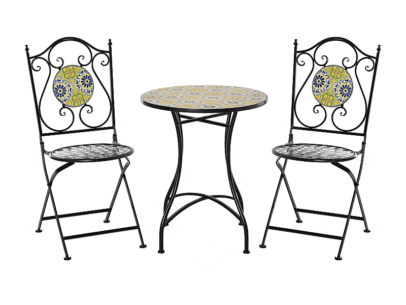 EasyComfort Set Tavolo e Sedie da Balcone 3 Pezzi, Set da Giardino Pieghevoli in Metallo con Maioliche Colorate, Multicolore