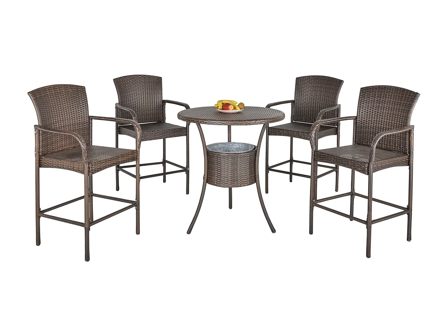 EasyComfort Set 5 Pezzi Tavolino con 4 Sedie da Giardino Alte in Rattan Sintetico con Secchiello per Ghiaccio, Marrone