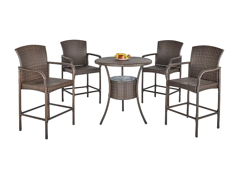 EasyComfort Set 5 Pezzi Tavolino con 4 Sedie da Giardino Alte in Rattan Sintetico con Secchiello per Ghiaccio, Marrone