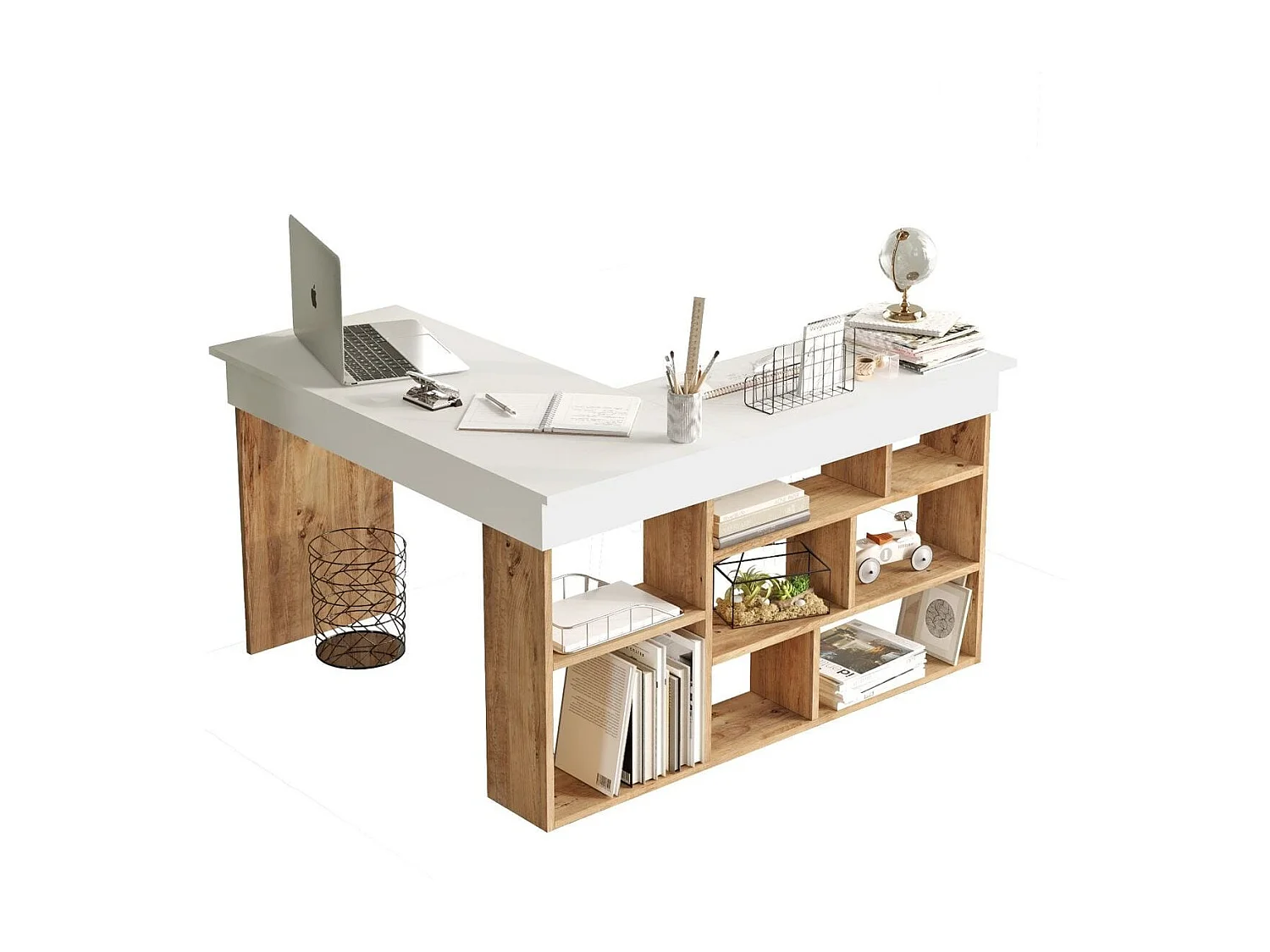 Bureau d'angle blanc, piètement et rangements effet bois 120x120 cm - Elyra