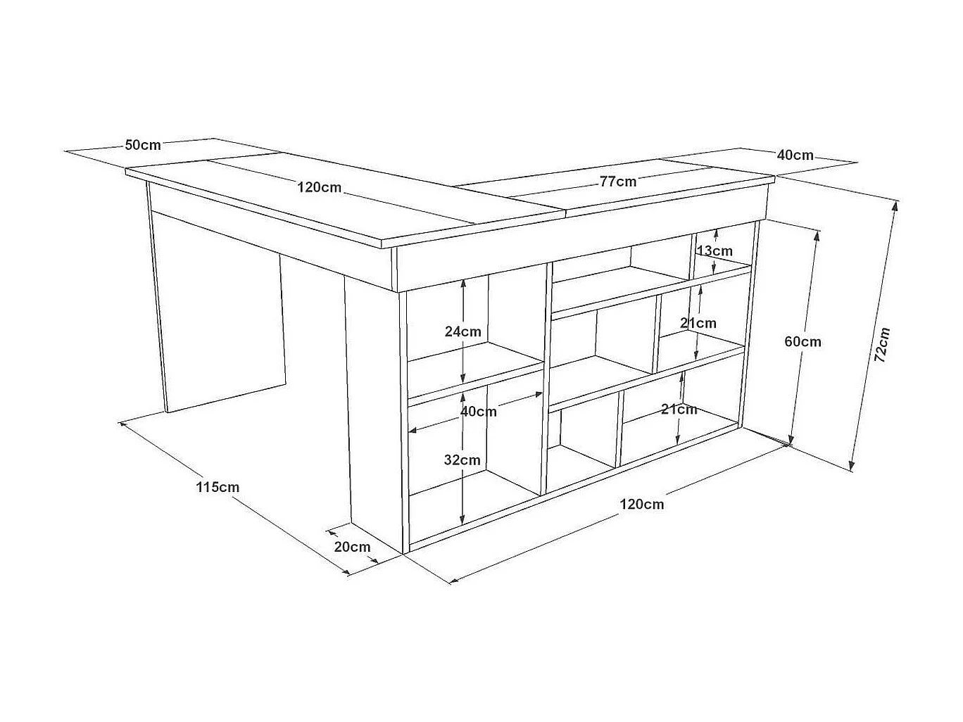Bureau d'angle blanc, piètement et rangements effet bois 120x120 cm - Elyra