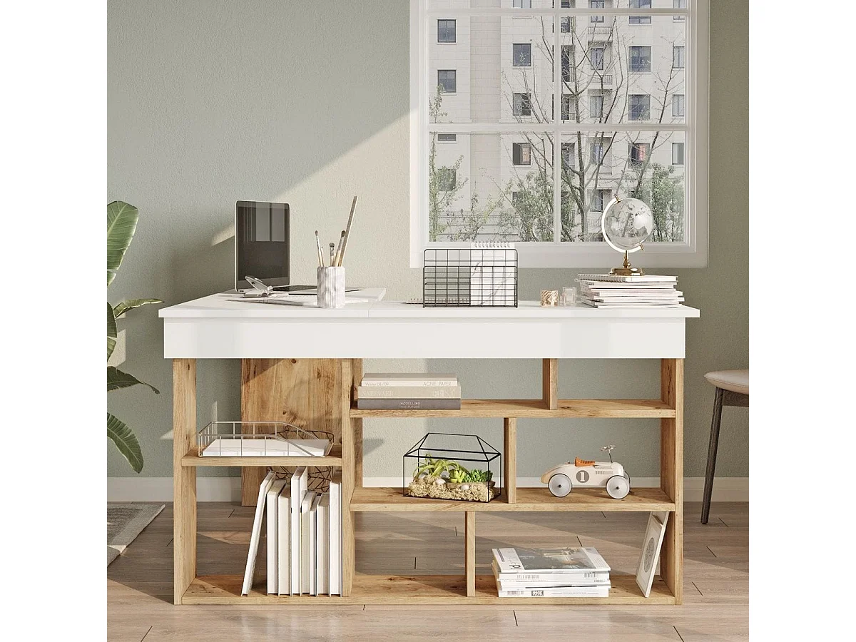Bureau d'angle blanc, piètement et rangements effet bois 120x120 cm - Elyra