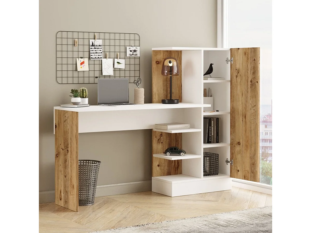 Bureau combiné bicolore blanc et effet bois 152 cm - Elyra