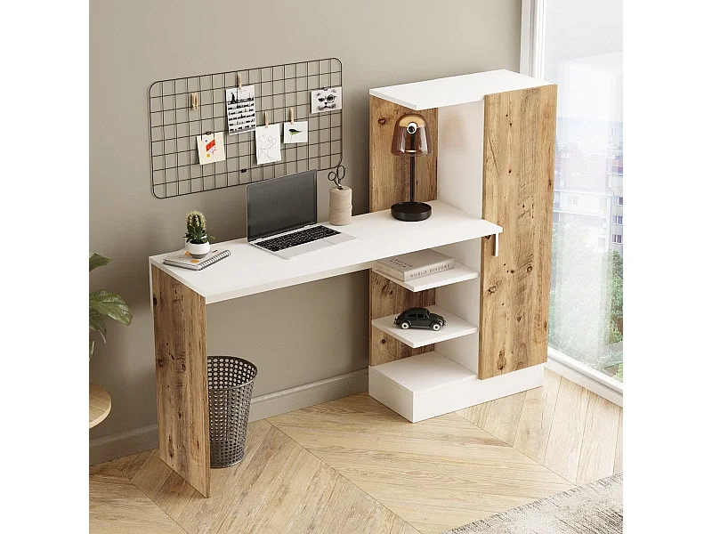 Bureau combiné bicolore blanc et effet bois 152 cm - Elyra