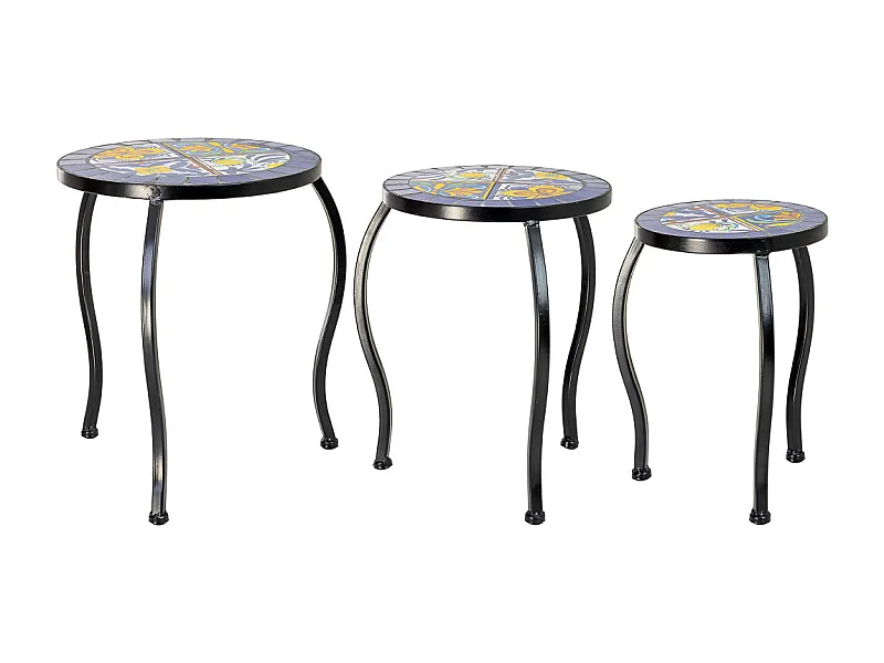 Ensemble de 3 supports, mosaïque noire et fer forgé, 33 x 33 x 37 cm - 28 x 28 x 33 cm - 23 x 23 x 29 cm