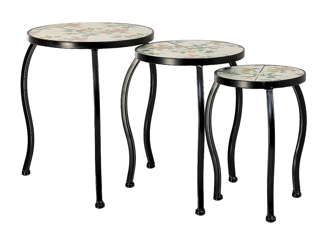 Ensemble de 3 supports en mosaïque noire et fer forgé : 33 x 33 x 37 cm (h), 28 x 28 x 33 cm (h) et 23 x 23 x 29 cm (h)