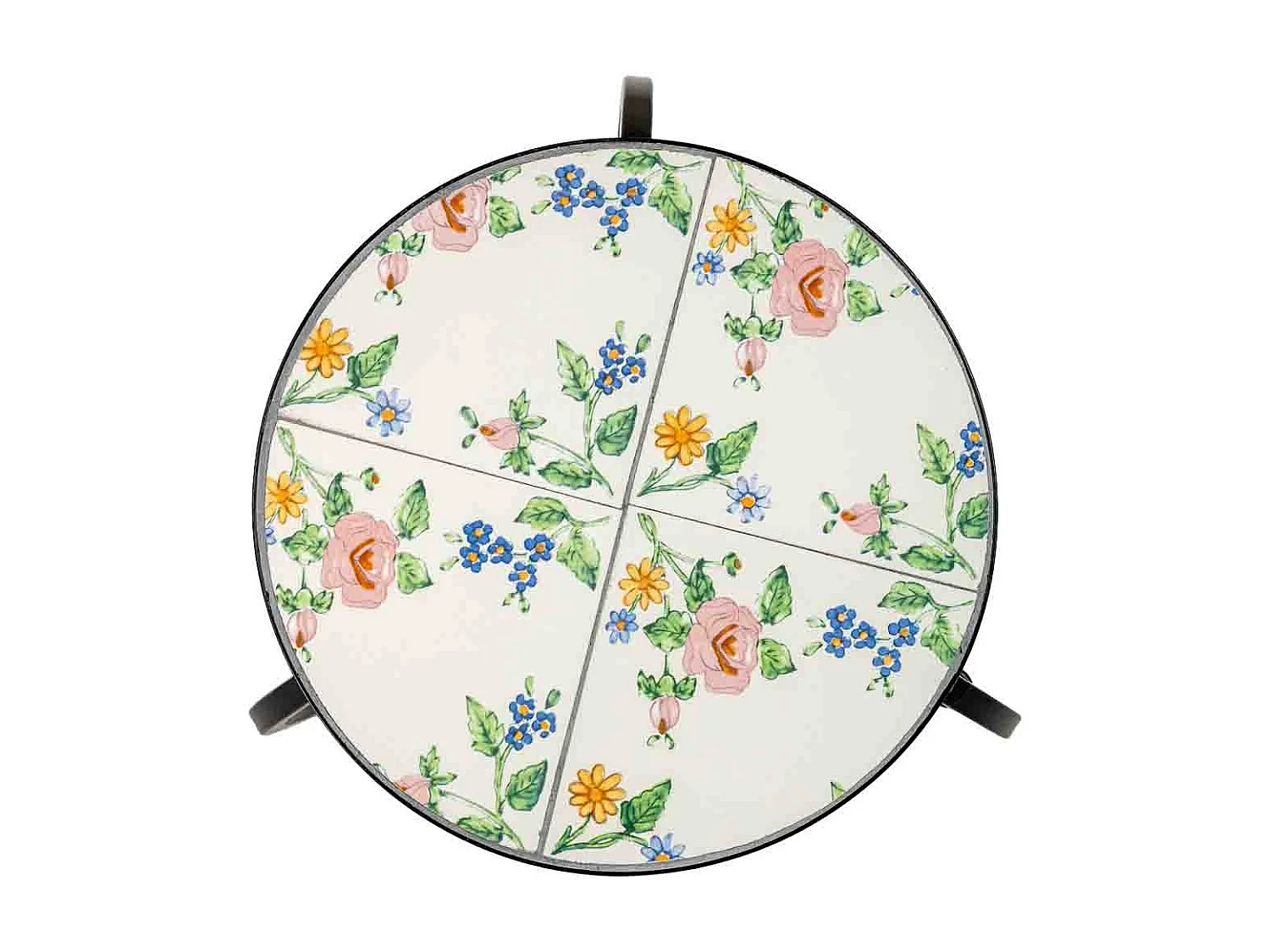 Ensemble de 3 supports en mosaïque noire et fer forgé : 33 x 33 x 37 cm (h), 28 x 28 x 33 cm (h) et 23 x 23 x 29 cm (h)