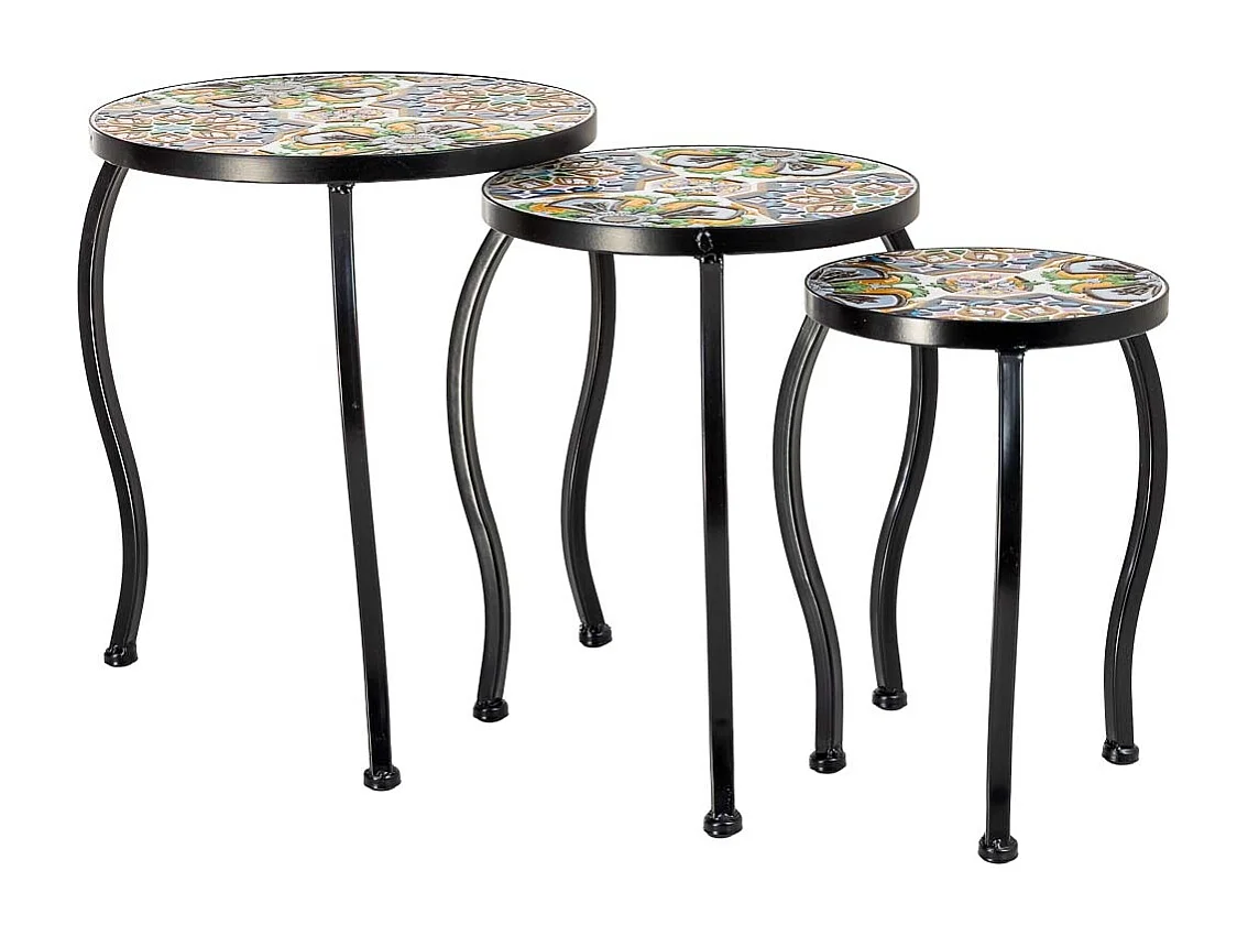 Ensemble de 3 supports en mosaïque et fer forgé, noir, 33 x 33 x 37 cm - 28 x 28 x 33 cm - 23 x 23 x 29 cm