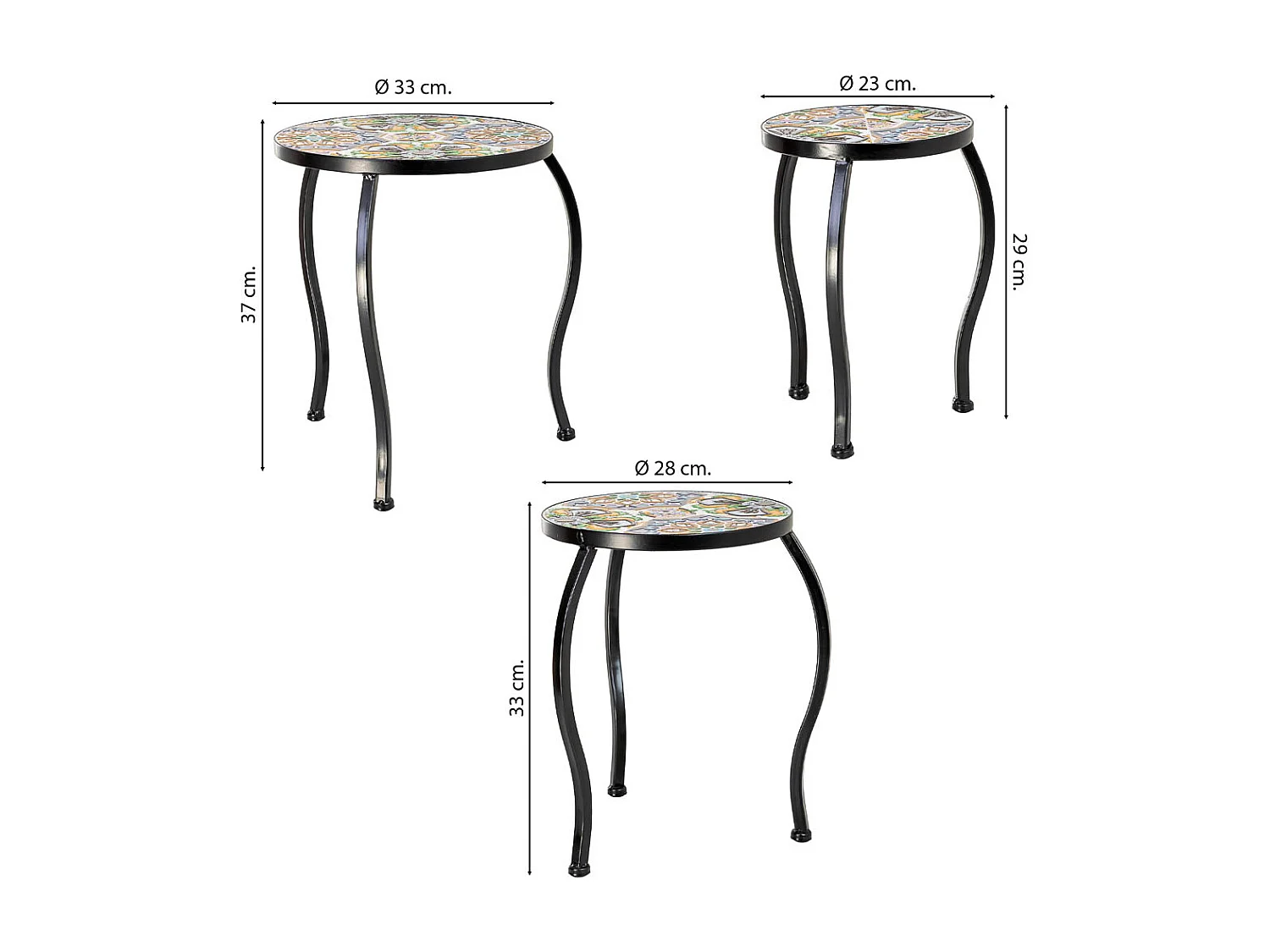 Ensemble de 3 supports en mosaïque et fer forgé, noir, 33 x 33 x 37 cm - 28 x 28 x 33 cm - 23 x 23 x 29 cm