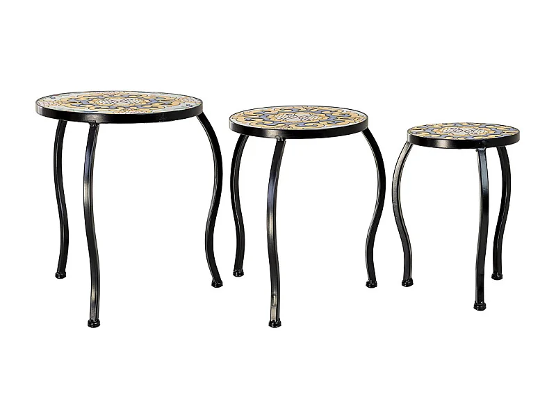 Ensemble de 3 supports, mosaïque noire et fer forgé, 33 x 33 x 37 cm - 28 x 28 x 33 cm - 23 x 23 x 29 cm