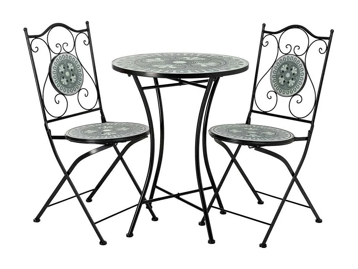 Ensemble table et 2 chaises en métal multicolore, 60 x 60 x 75 cm et 38 x 46 x 90 cm