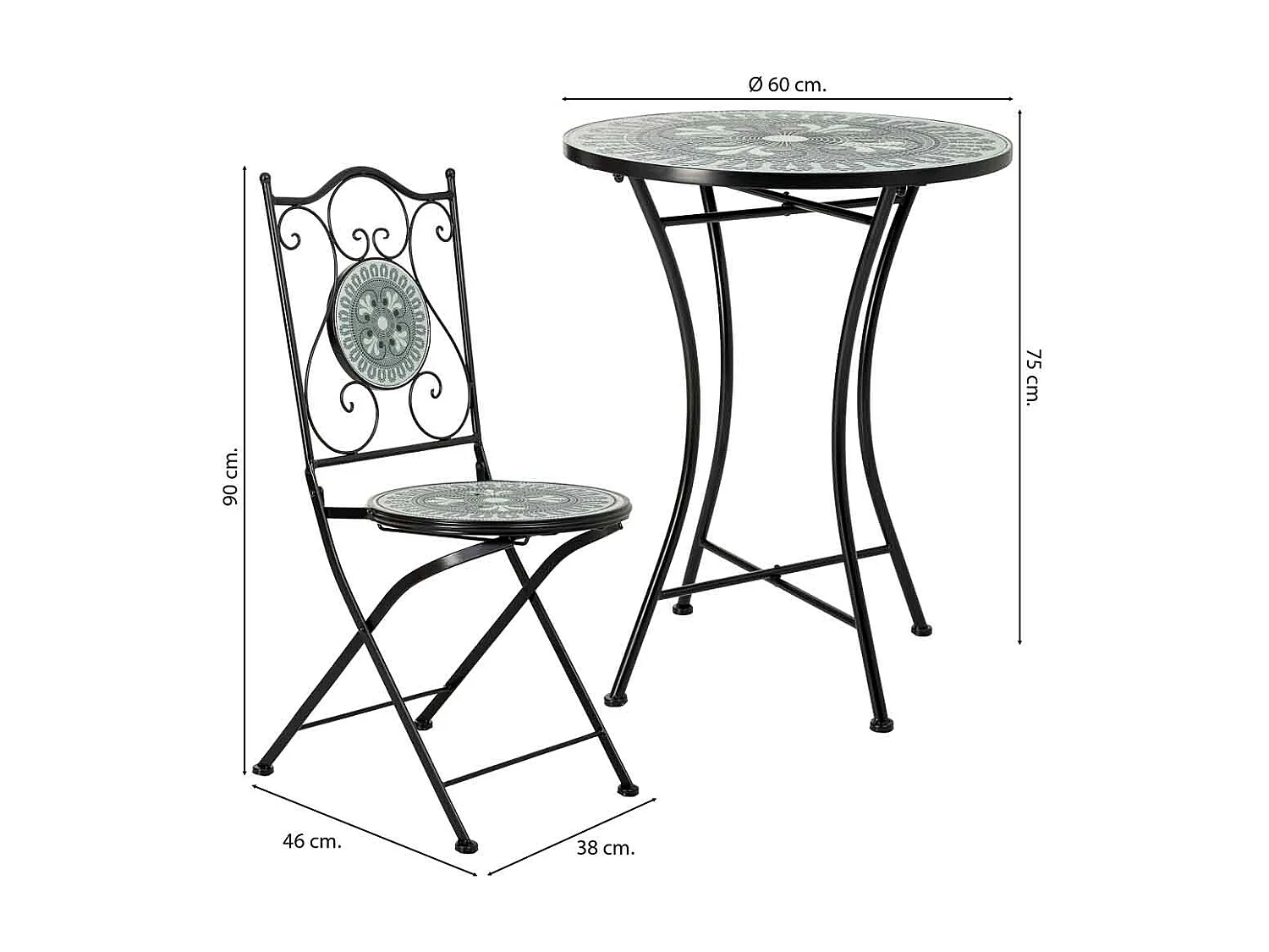 Ensemble table et 2 chaises en métal multicolore, 60 x 60 x 75 cm et 38 x 46 x 90 cm