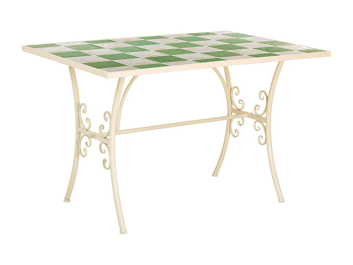 Table en mosaïque blanche et fer forgé : 120 x 80 x 75 cm (h)