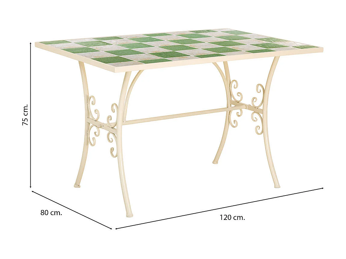 Table en mosaïque blanche et fer forgé : 120 x 80 x 75 cm (h)