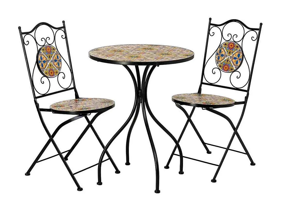 Ensemble table et 2 chaises en métal multicolore, 60 x 60 x 75 cm et 38 x 46 x 90 cm