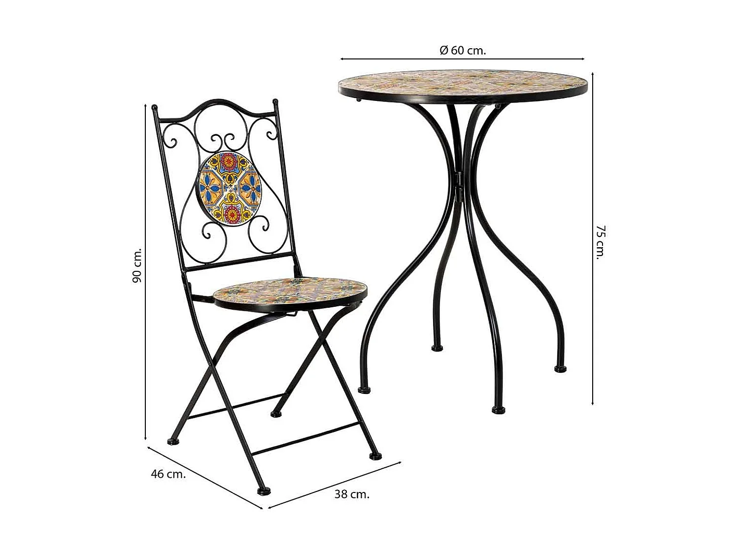 Ensemble table et 2 chaises en métal multicolore, 60 x 60 x 75 cm et 38 x 46 x 90 cm