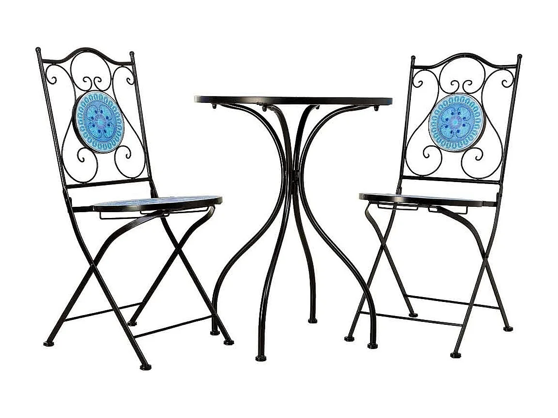 Ensemble table et 2 chaises en métal multicolore, 60 x 60 x 75 cm et 38 x 46 x 90 cm