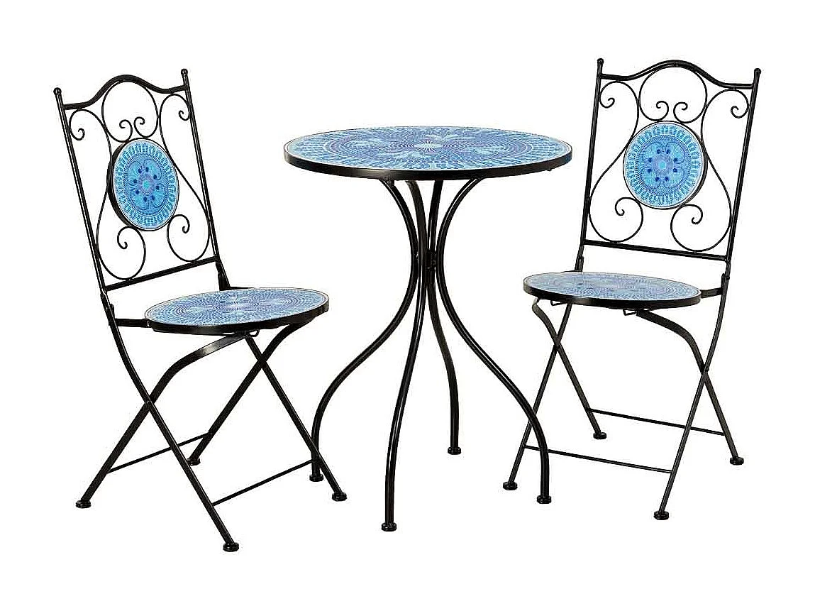 Ensemble table et 2 chaises en métal multicolore, 60 x 60 x 75 cm et 38 x 46 x 90 cm