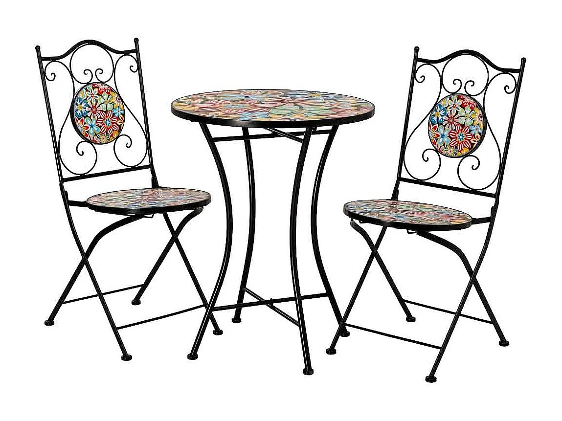 Ensemble table et 2 chaises en métal multicolore, 60 x 60 x 75 cm et 38 x 46 x 90 cm