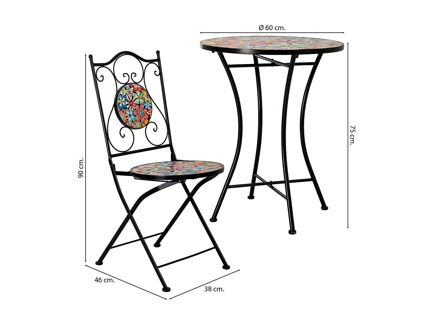Ensemble table et 2 chaises en métal multicolore, 60 x 60 x 75 cm et 38 x 46 x 90 cm