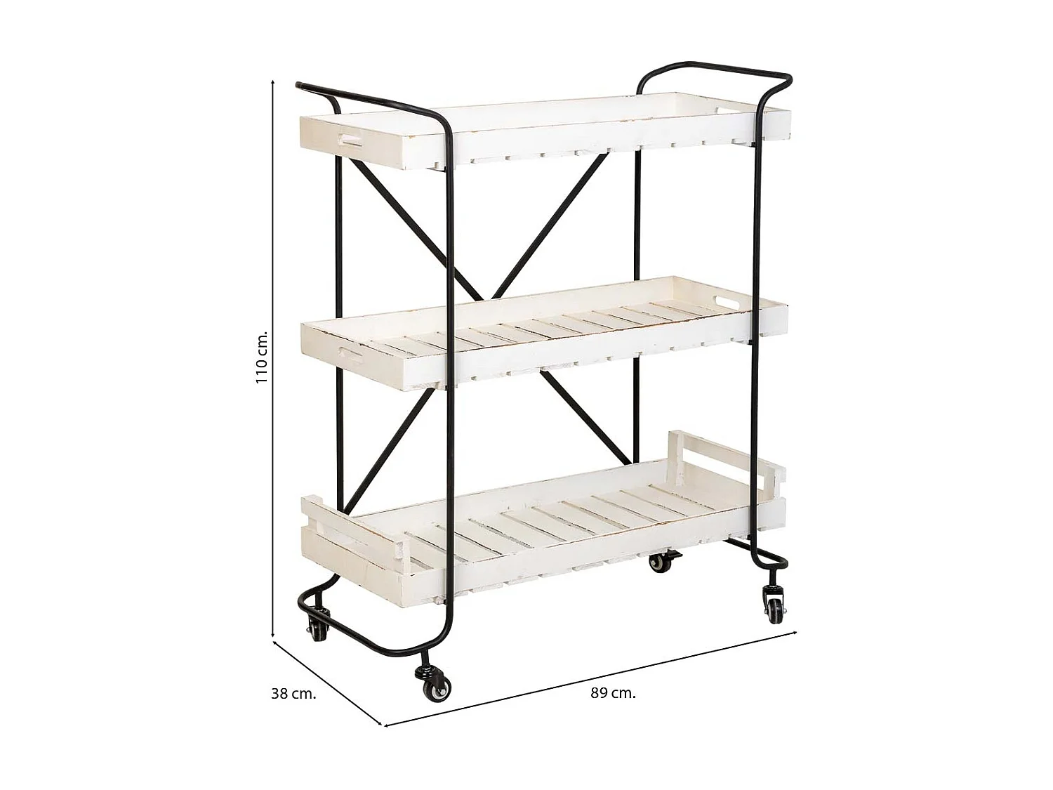 Carro de madera blanca con 3 bandejas 89x38x110h cm