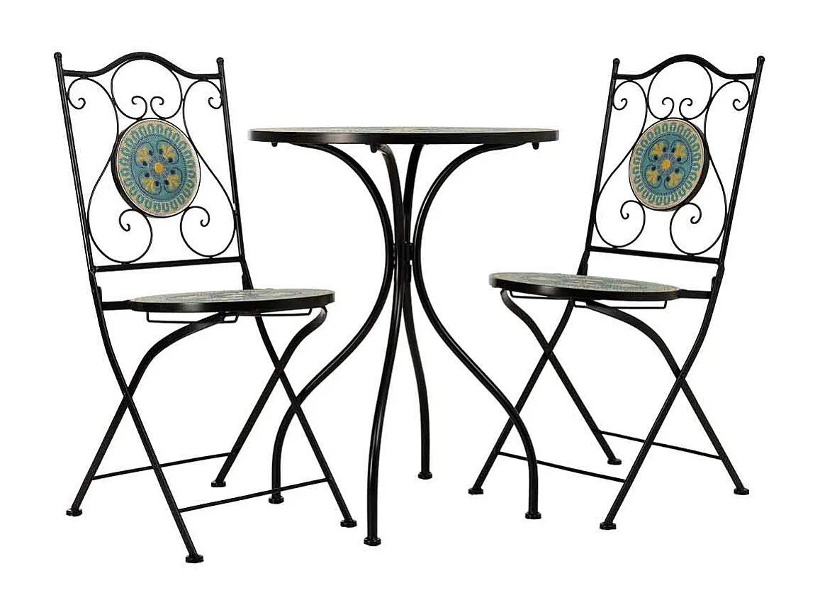 Ensemble table et 2 chaises en métal multicolore, 60 x 60 x 75 cm et 38 x 46 x 90 cm