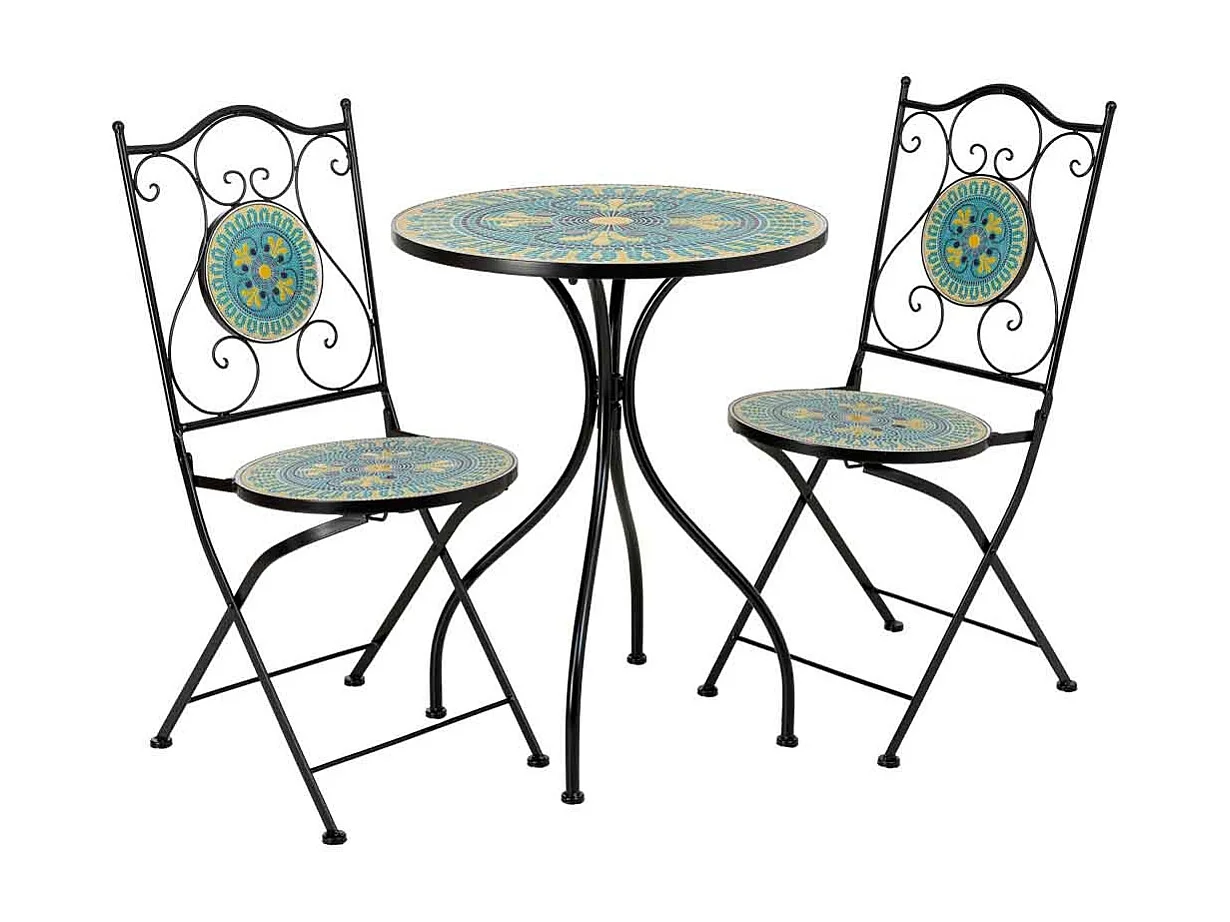 Ensemble table et 2 chaises en métal multicolore, 60 x 60 x 75 cm et 38 x 46 x 90 cm