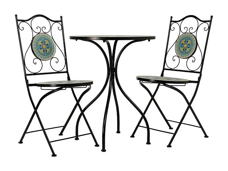 Ensemble table et 2 chaises en métal multicolore, 60 x 60 x 75 cm et 38 x 46 x 90 cm