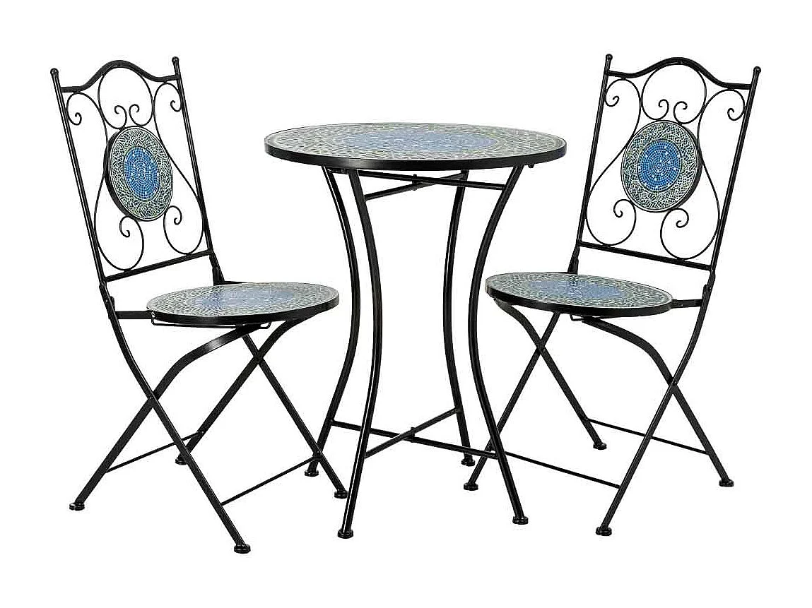 Ensemble table et 2 chaises en métal multicolore, 60 x 60 x 75 cm et 38 x 46 x 90 cm
