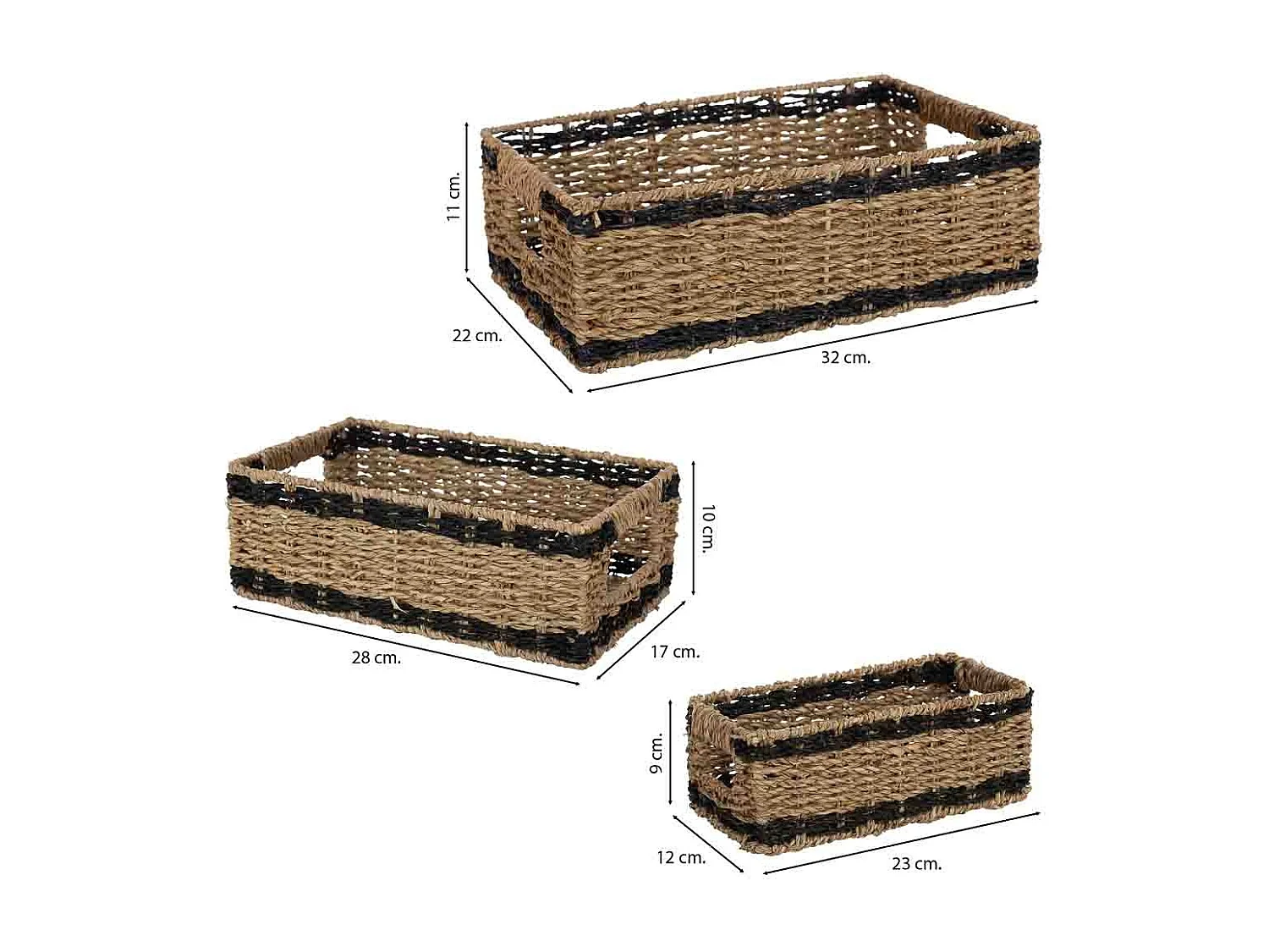 Lot de 3 paniers en jonc brun : 32 x 22 x H11, 28 x 17 x H10, 23 x 12 x H9