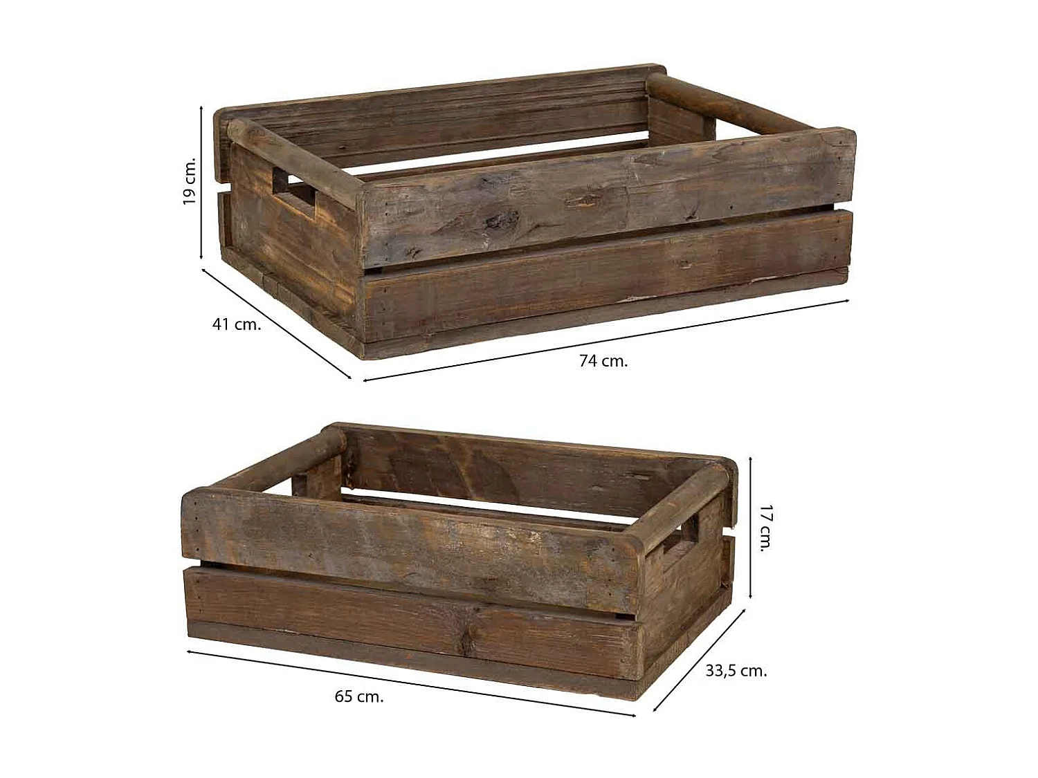 Lot 2 caisses bois marron 49x33x15-39,5x26x13h cm