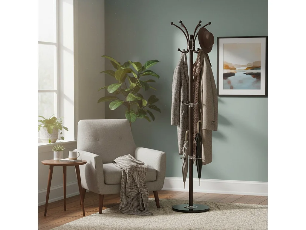 Cabideiro de metal marrom com porta-guarda-chuva e 5 ganchos D36x178h cm