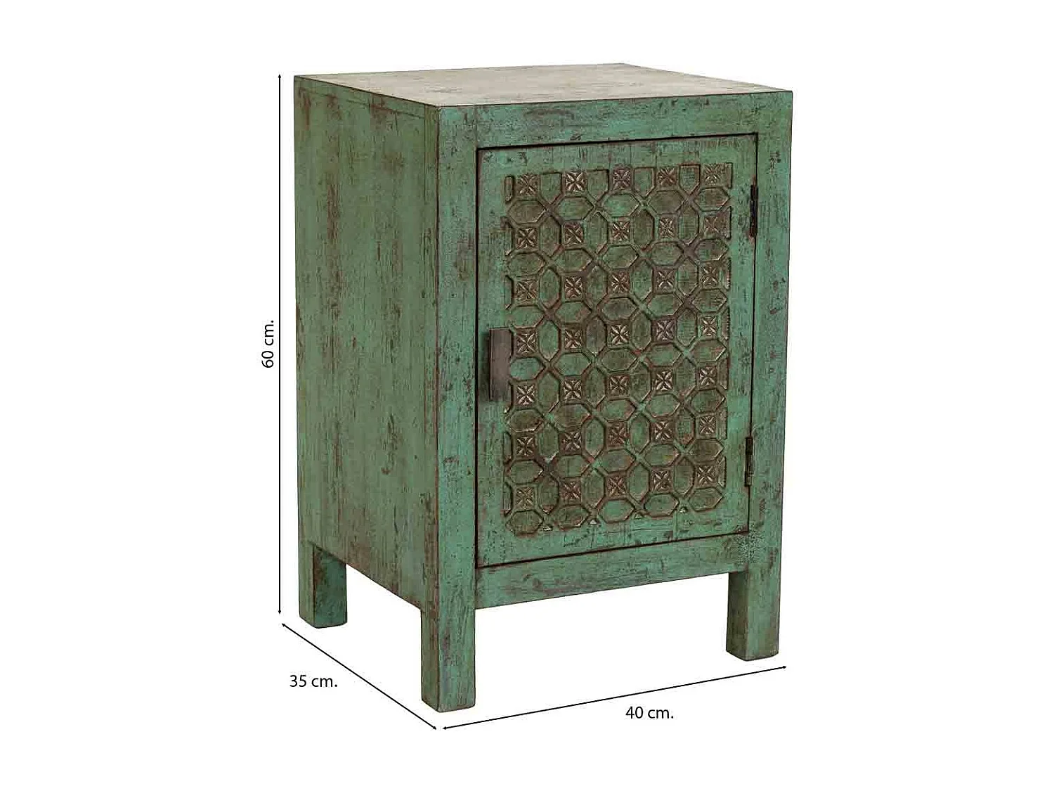Mesita de noche de madera artesanal verde 45x35x60h cm